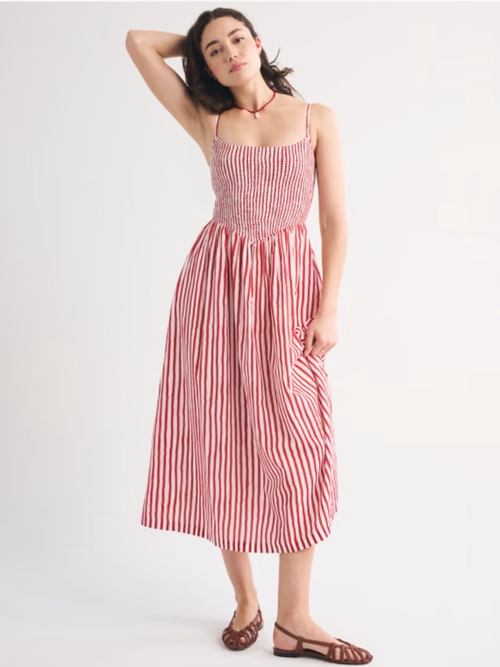 Abercrombie & Fitch Sydney Smocked Dipped Waist Midi Dress Large Red Stripe NWT